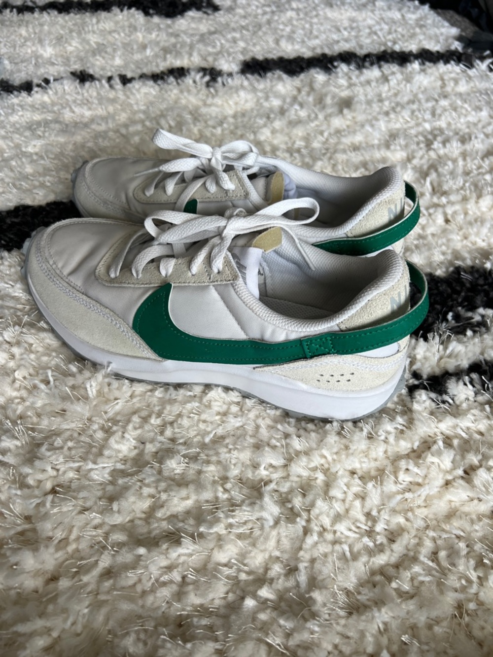Nike Women's Waffle Debut White Sneakers with Green Swoosh